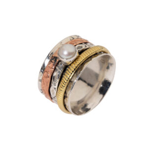 Δαχτυλίδι ολόβερο τρίχρωμο με μαργαριτάρι από ασήμι 925