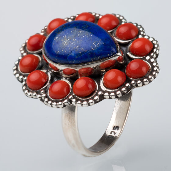 Δαχτυλίδι με κοράλλια και lapis lazuli ασήμι 925