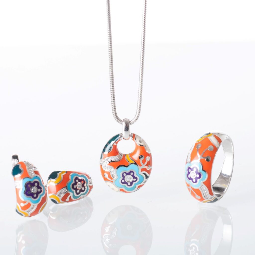 Ασημένιο σετ κολιέ σκουλαρίκια δαχτυλίδι με σμάλτα